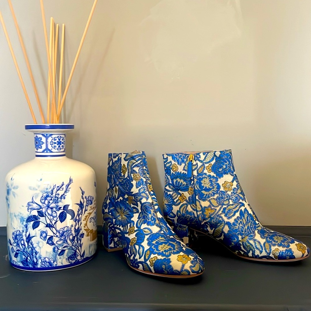 Tory Burch Blue and White Floral Ankle Boots